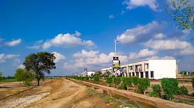 A wide rural landscape featuring a dirt road lined with green bushes and lampposts. On the right, there is a row of small, modern buildings with advertising signage. The sky is vibrant blue with scattered white clouds, and a few large trees are visible in the background.