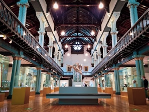 A grand museum interior with tall, ornate columns flanking either side of a central exhibit. The space features a high vaulted ceiling with exposed beams and industrial-style lighting. Glass display cases housing various artifacts are aligned along the walls. A large skeleton exhibit stands prominently at the center, drawing attention. The floors are wooden, and the room has an overall historic and elegant architectural style.