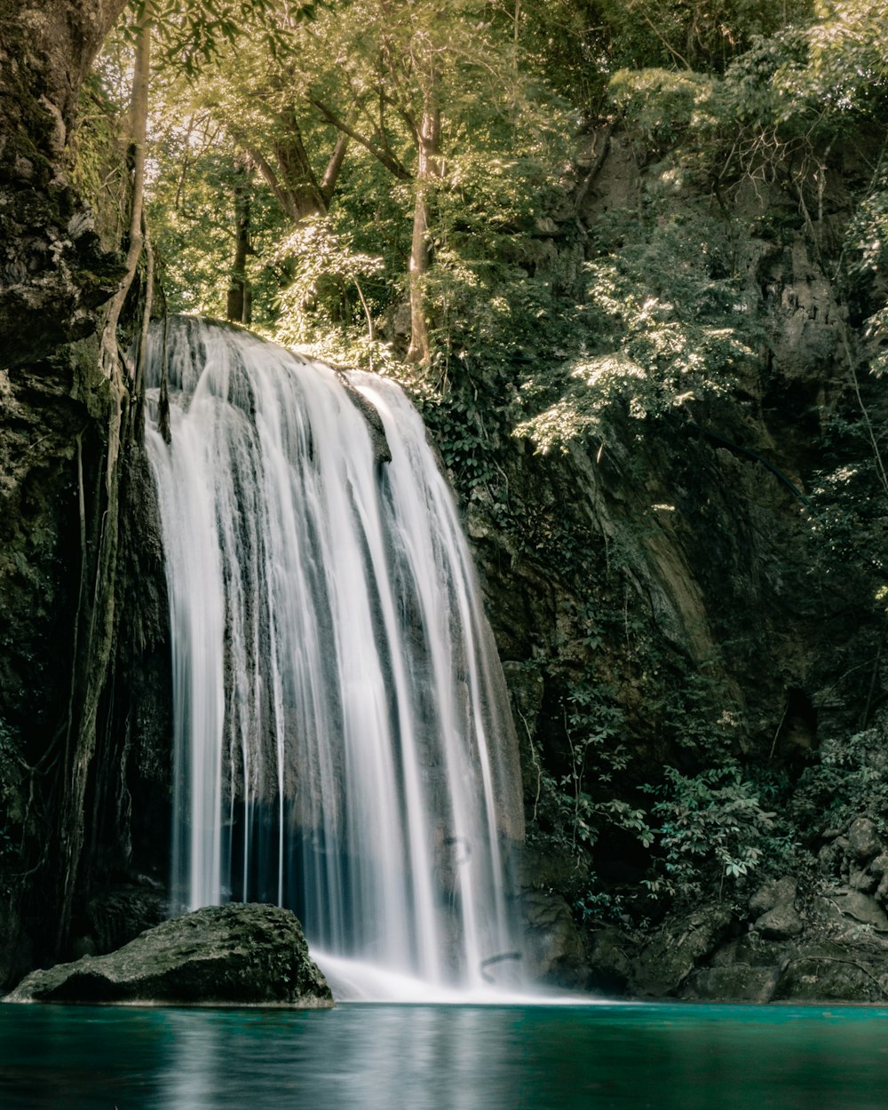 a large waterfall in the middle of a forest