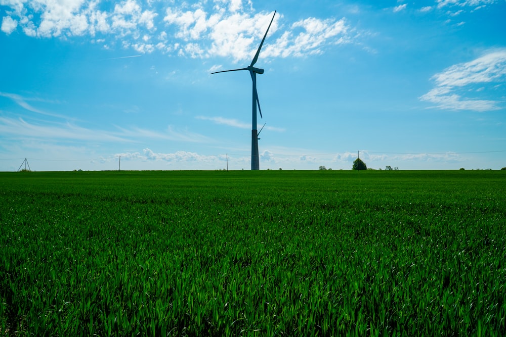 white wind turbine on green grass field under blue sky during daytime