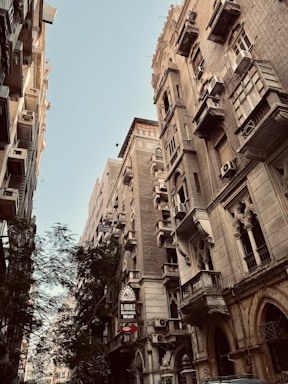Tall buildings with classic architectural designs line both sides of a narrow street. The facades are detailed with intricate patterns, balconies, and protruding air conditioners. Signage for 'El-Akherfi Electronics Mall' is visible. A tree partially obscures the view of the buildings. The sky is clear and blue, which contrasts with the earthy tones of the buildings.
