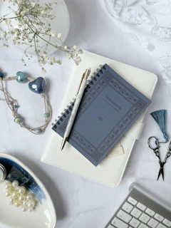 A creative flat lay of writing tools and a published journal