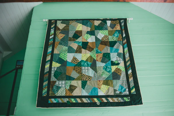 blue green and white textile