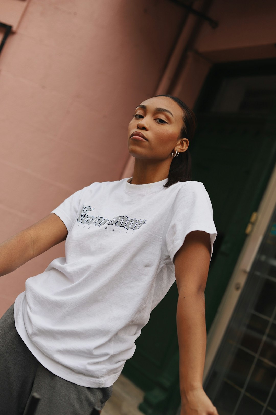 woman in white crew neck t-shirt