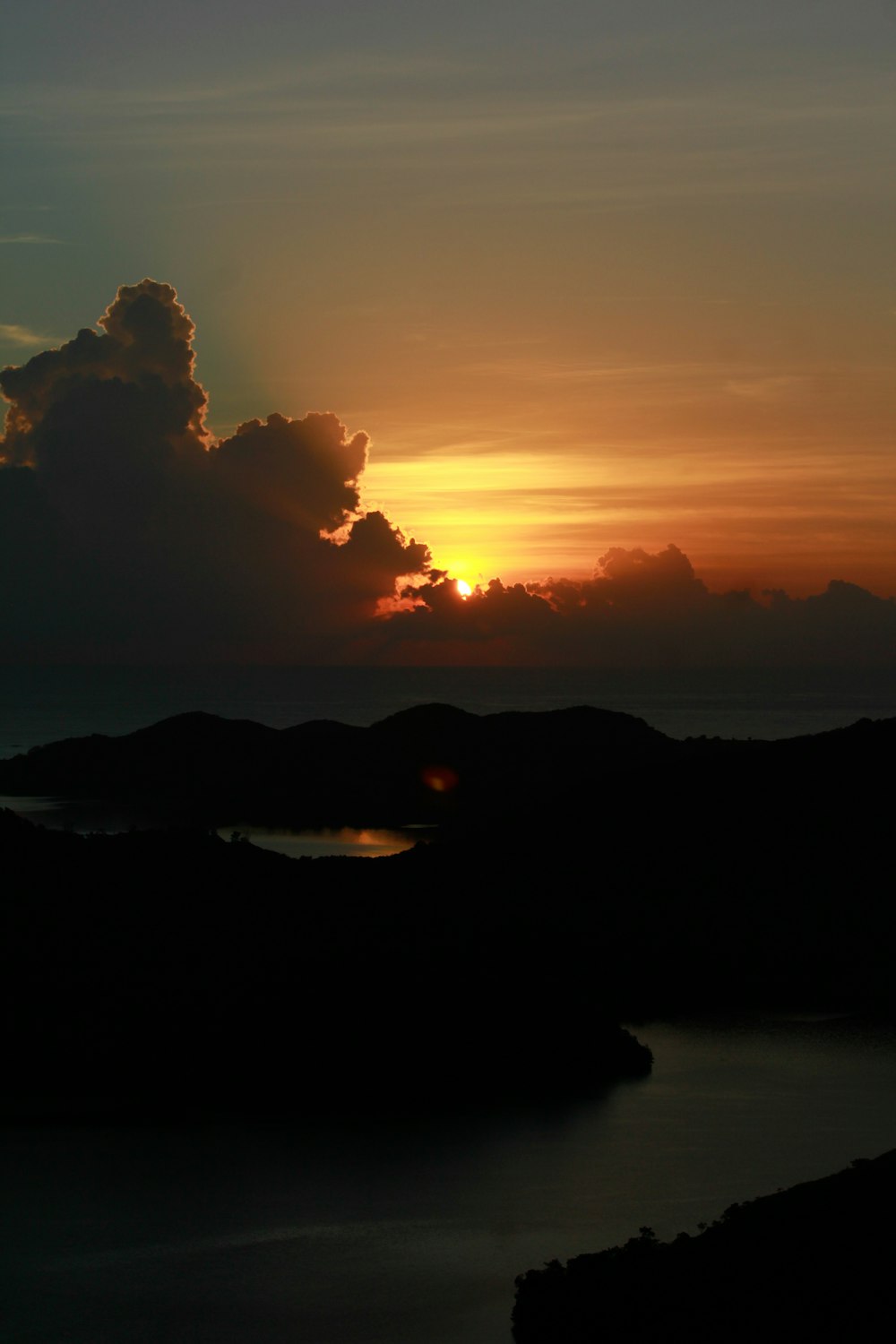 the sun is setting over a body of water