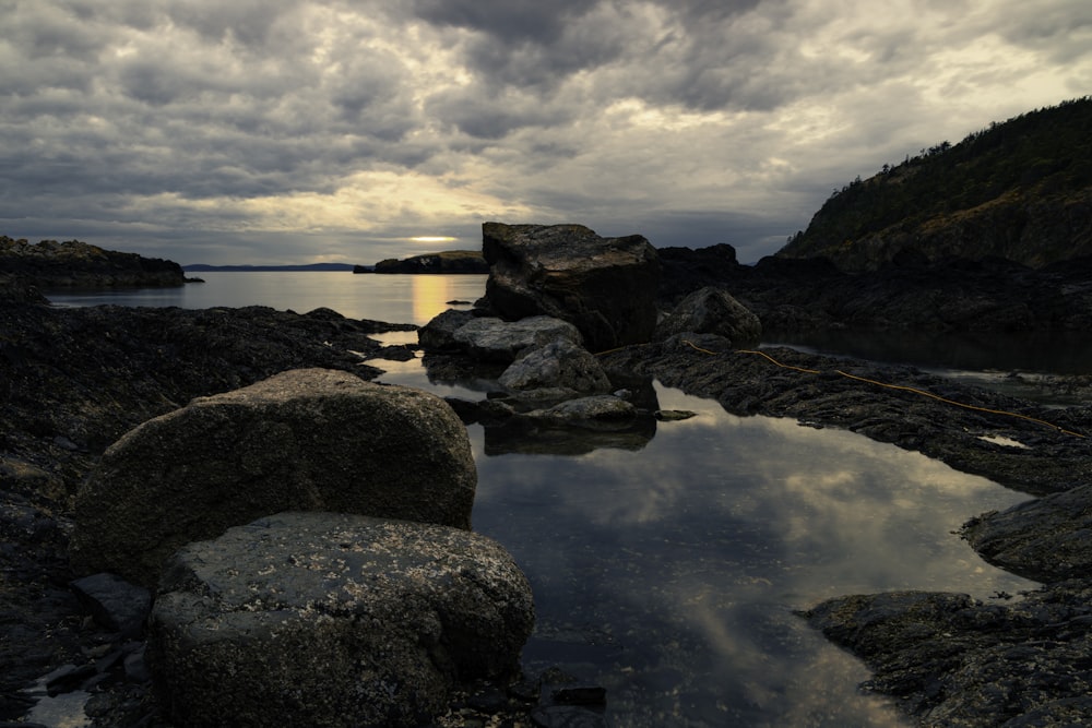a body of water surrounded by rocks under a cloudy sky