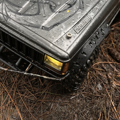 A close-up view of a toy Jeep with a detailed, rugged appearance. The vehicle is wet from raindrops and positioned on a ground covered with pine needles, adding a natural, outdoor element. The headlight shows a distinct yellow tint.