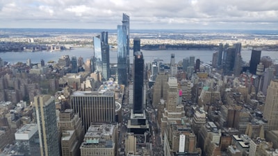 An aerial view of a bustling city skyline.