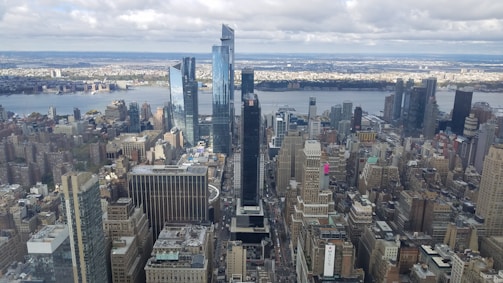 Aerial view of a city skyline showcasing digital business hubs.