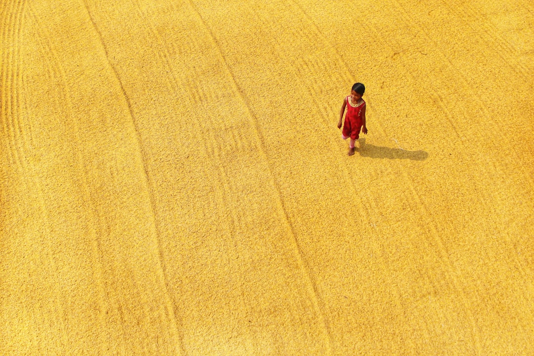 woman in red dress walking on yellow field during daytime