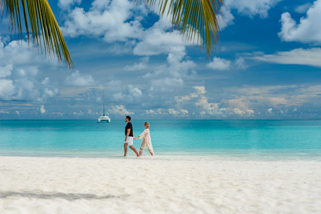 A sunlit beach with turquoise waters and a couple walking hand-in-hand along the shore.