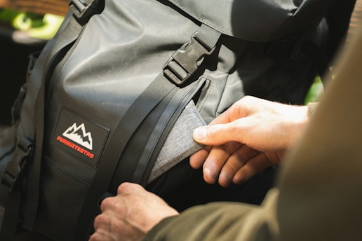 person holding black and gray backpack