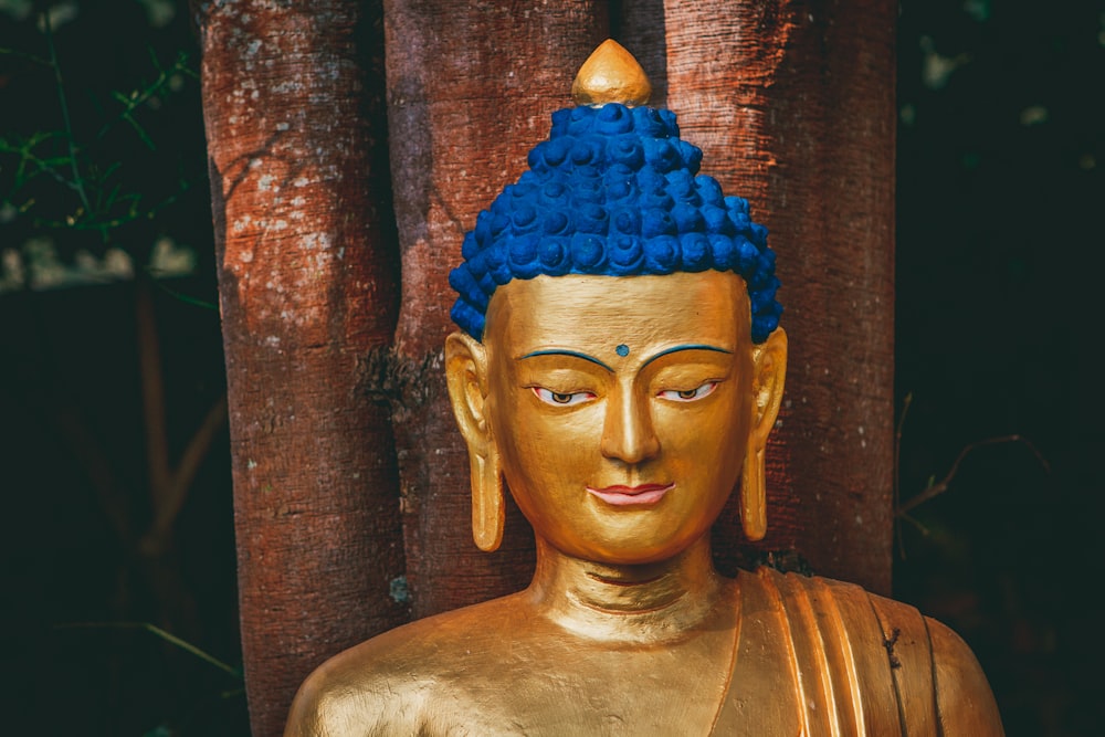 statue d’or de l’homme avec robe de tête bleue
