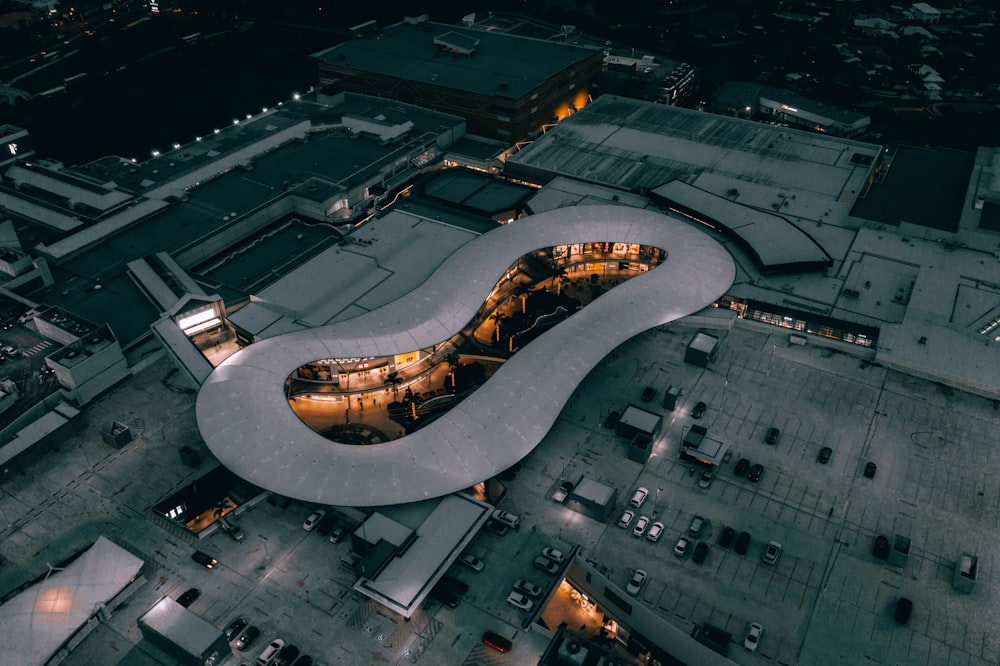 aerial view of city buildings during night time