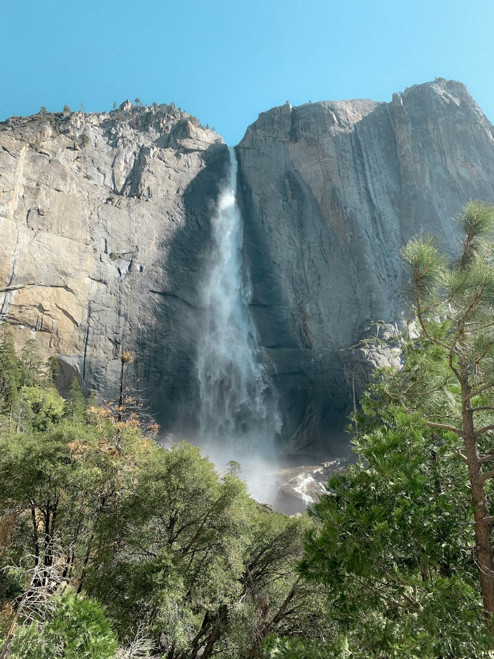 a very tall waterfall in the middle of a forest