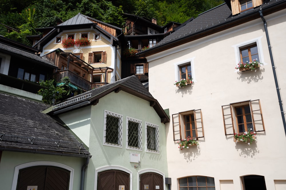 a row of white buildings with brown shutters