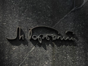 A wall with a stone texture features a sleek, metallic script inscription, elegantly casting a distinct shadow. The surface exhibits natural patterns and small light specks, contributing to its gritty yet sophisticated appearance.