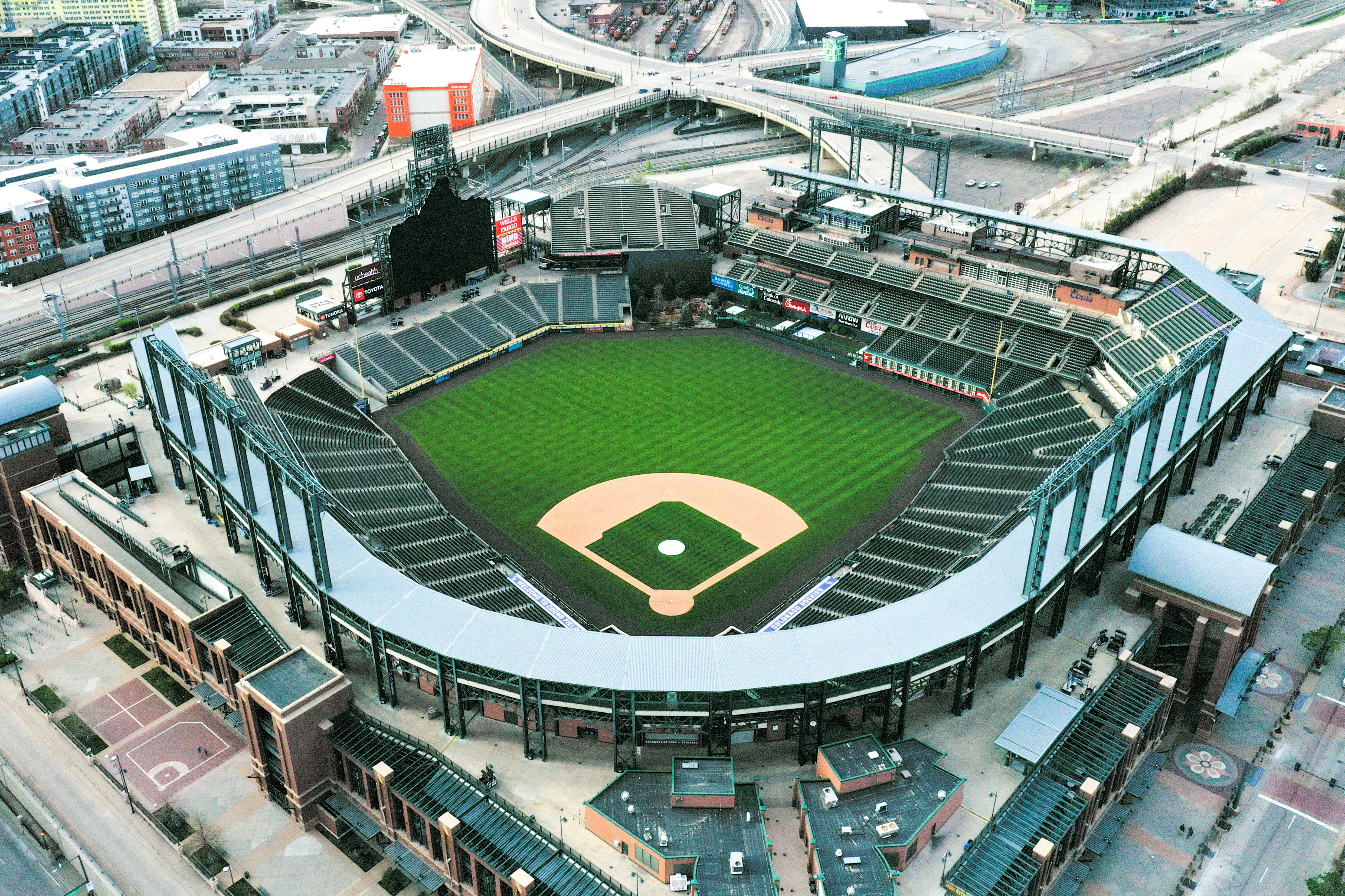 an aerial view of a baseball stadium, 