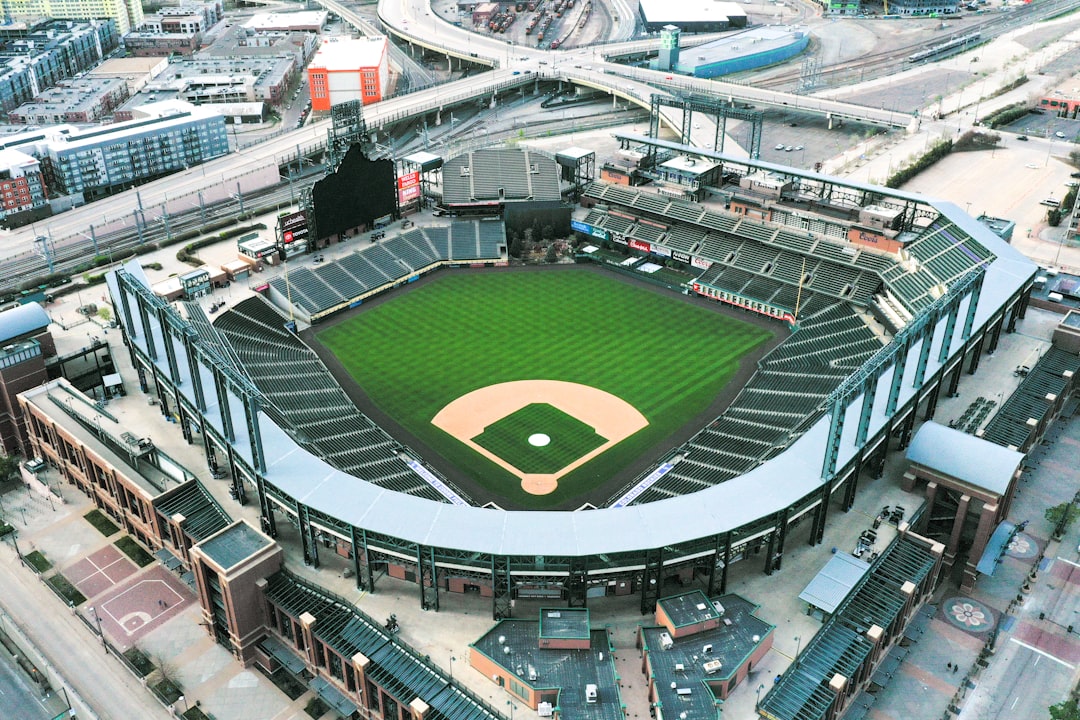 an aerial view of a baseball stadium,