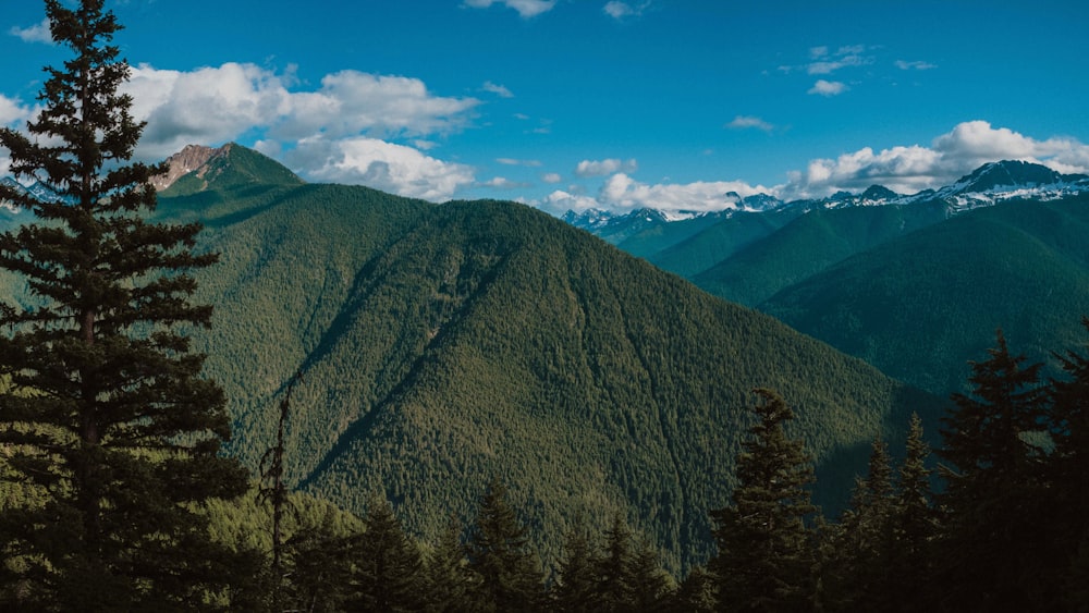 a view of a mountain range with trees and mountains in the background