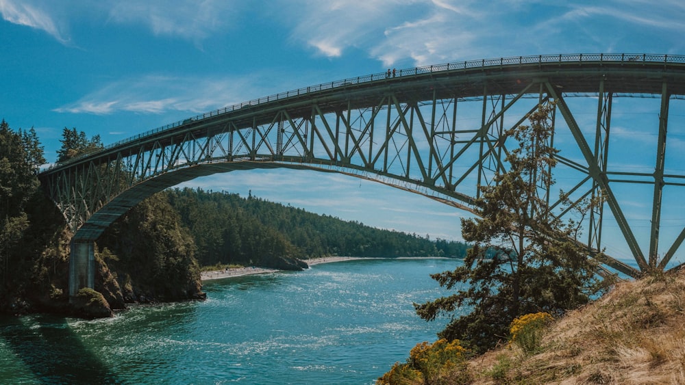 a bridge spanning over a river with a forest in the background