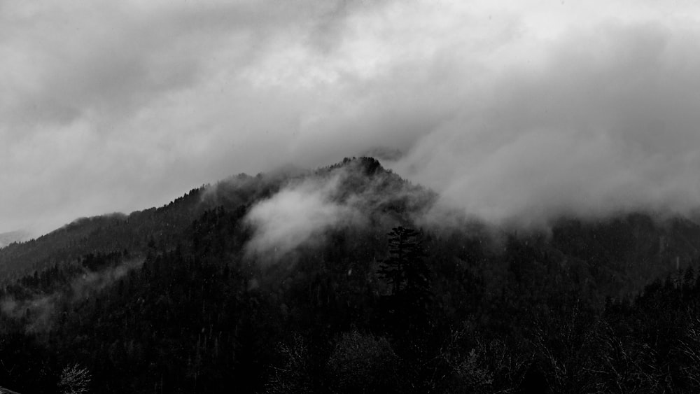 a black and white photo of a mountain covered in clouds