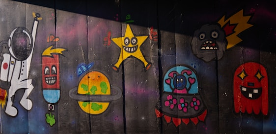 A colorful illustration of several animal characters from sho’s universe interacting under a starry cosmic sky.