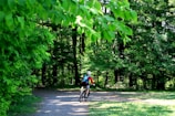 A rider wearing a helmet, captured mid-ride on a winding forest path.