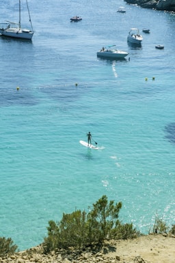 man in white shirt riding on white and blue boat on blue sea during daytime