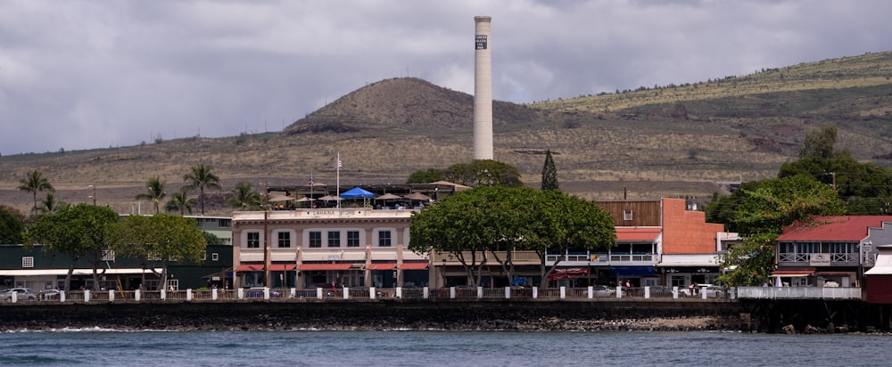 a view of a town from the water