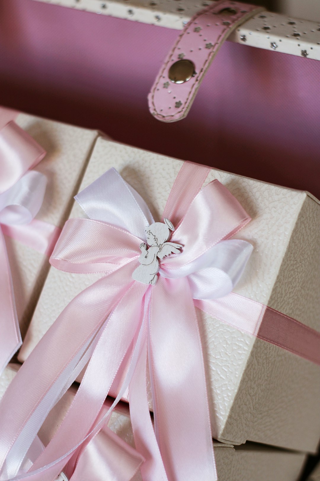 pink and white heart print gift box