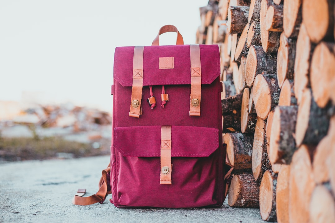 pink and brown backpack on brown wood log