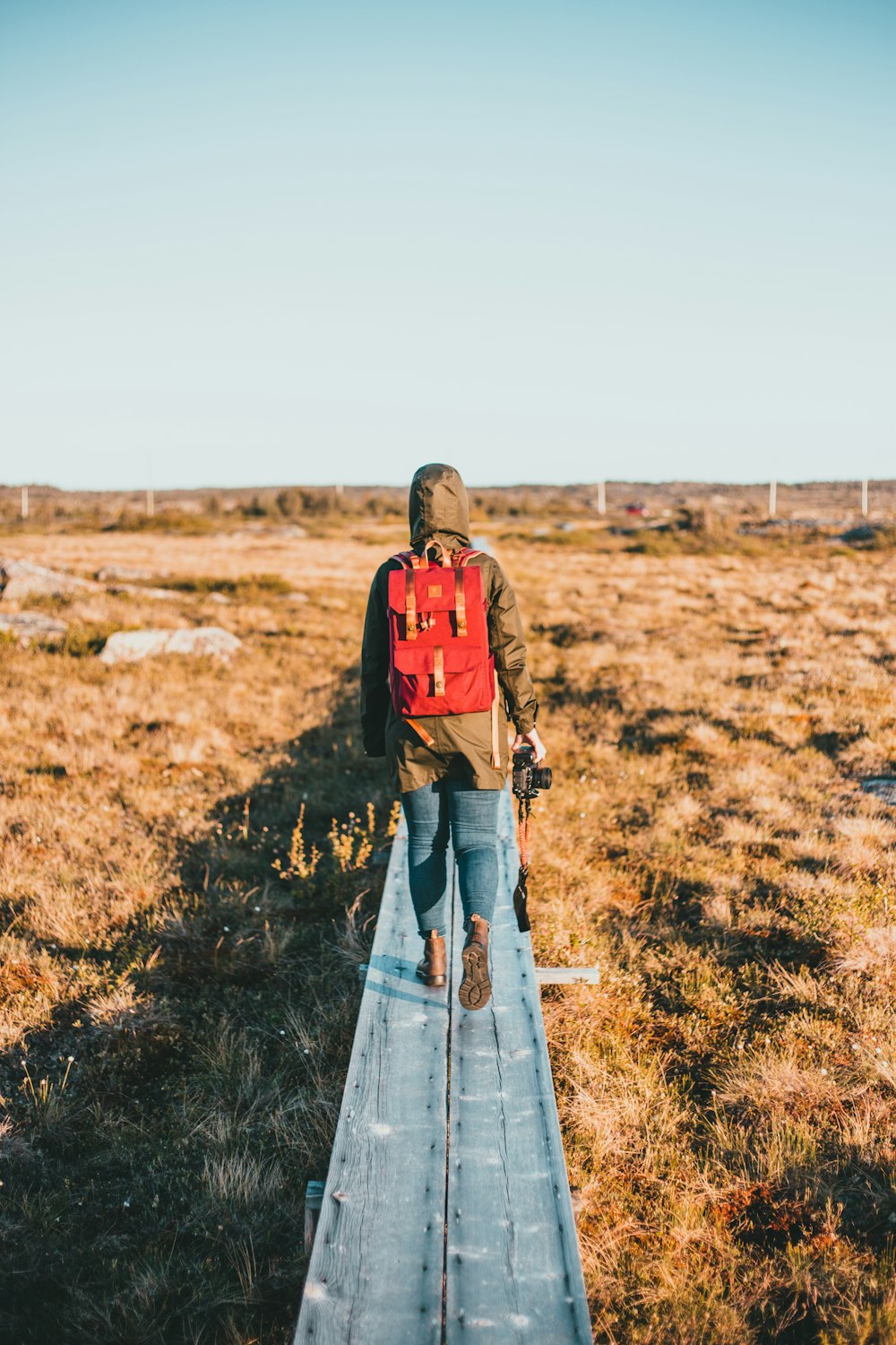 man in red and black backpack standing on brown grass field during daytime