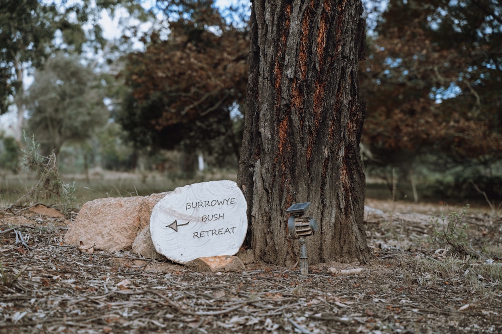 a sign that is next to a tree