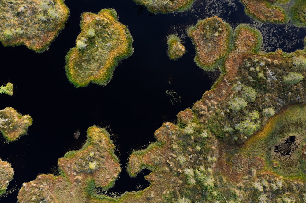 an aerial view of a body of water surrounded by land