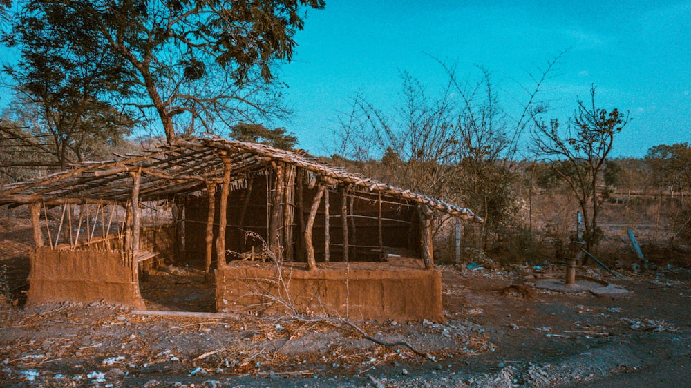 a wooden structure sitting in the middle of a forest