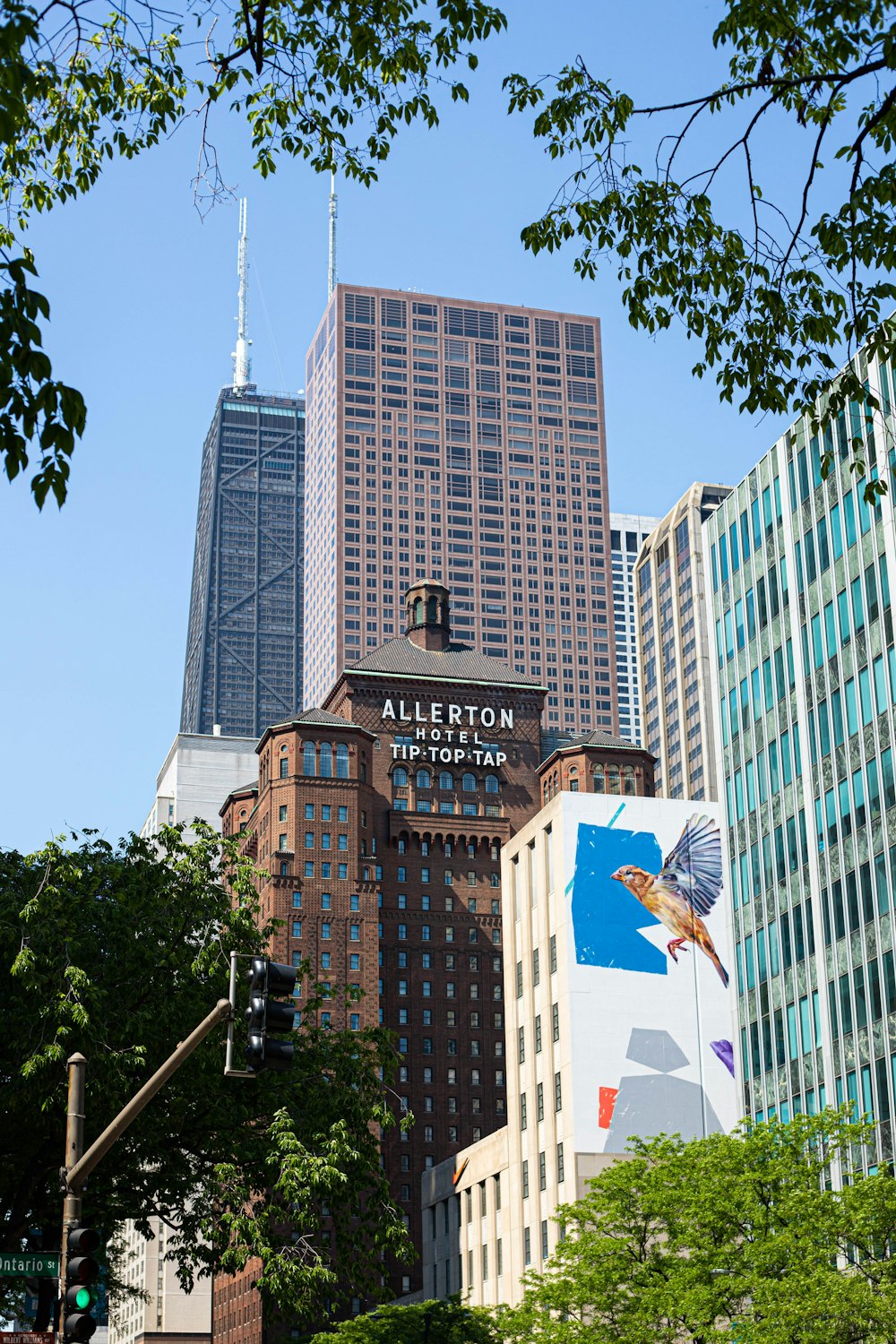 a city with tall buildings and trees in the foreground