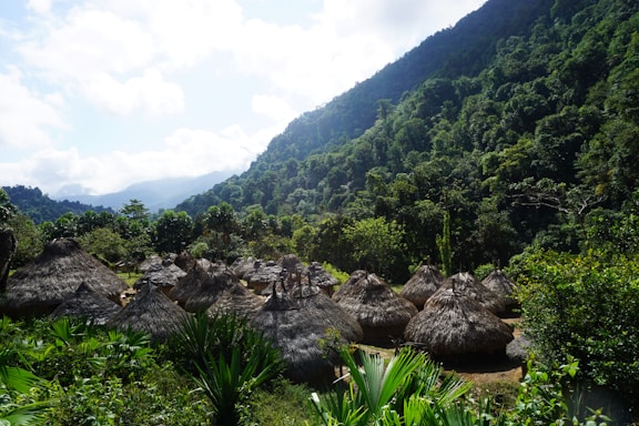 A village with round thatched-roof huts nestled in a lush, green valley surrounded by dense forested hills. The sky is partly cloudy, allowing sunlight to softly illuminate the landscape. The huts are arranged closely together, suggesting a small, tight-knit community within a natural setting.