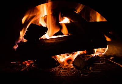 Logs burning with vibrant flames, displaying rich orange and yellow hues with glowing embers visible below. The scene is set in a dark background, enhancing the warmth and intensity of the fire.