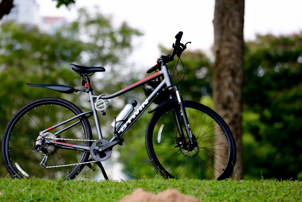 a bicycle parked in the grass near a tree