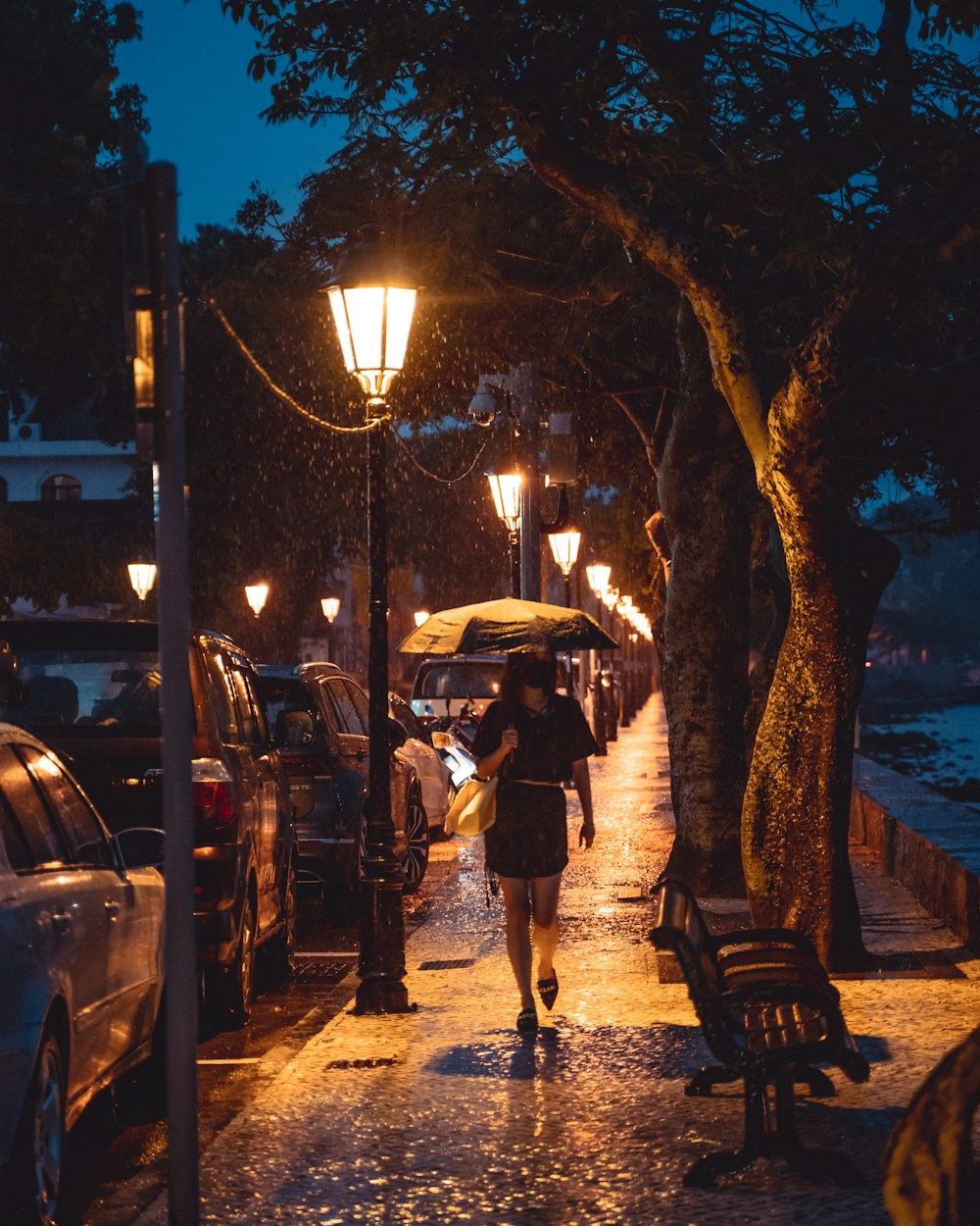 a woman walking down a sidewalk holding an umbrella