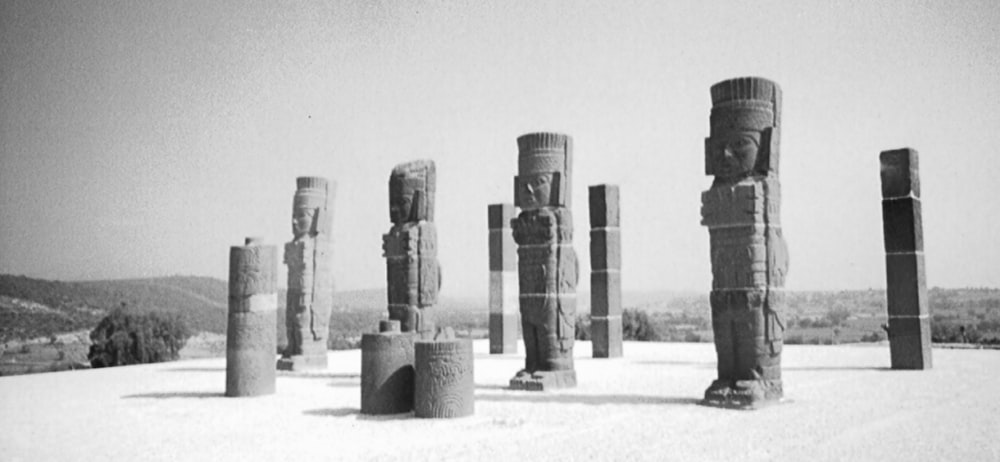 a black and white photo of a group of totemas