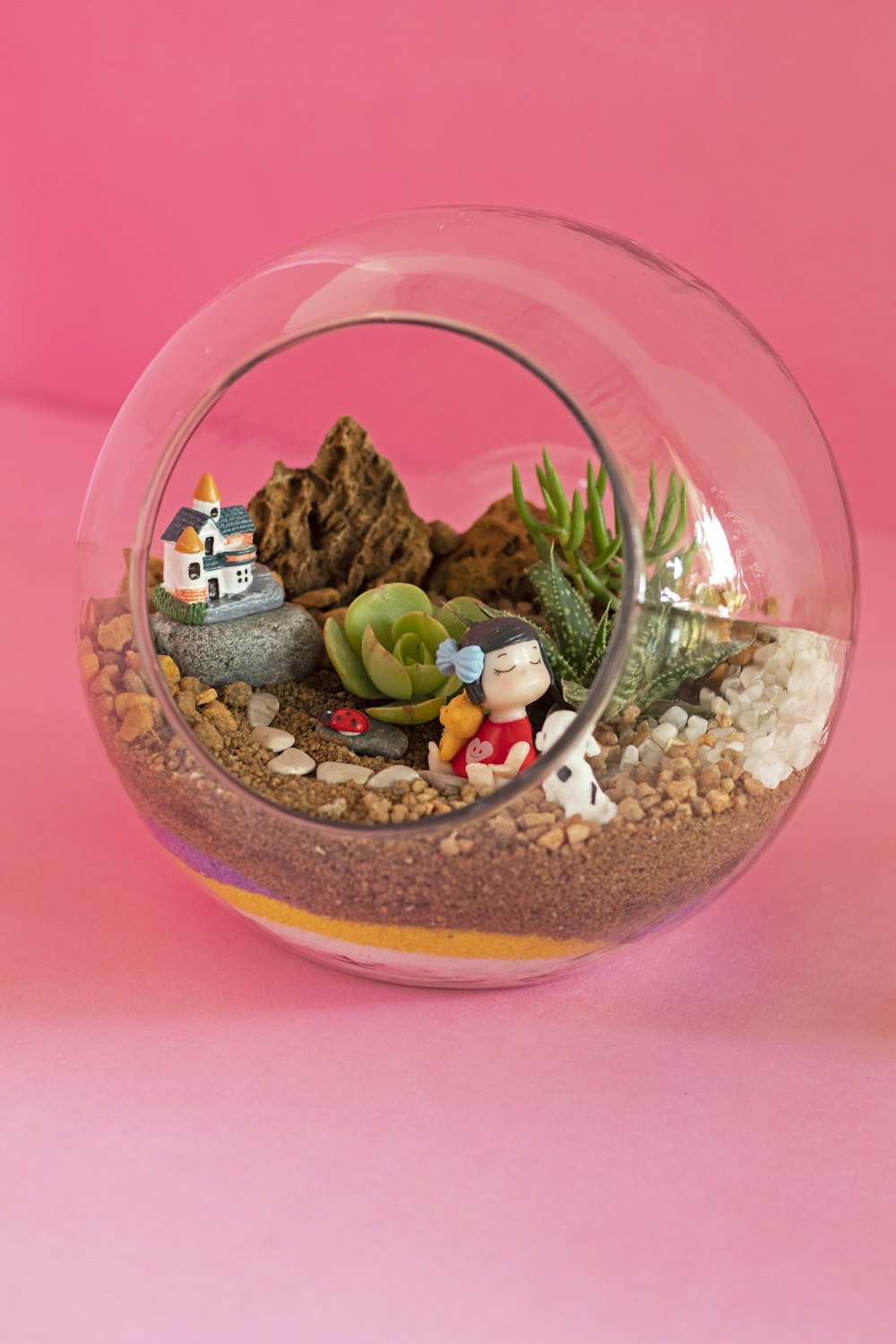 a glass bowl filled with plants and rocks