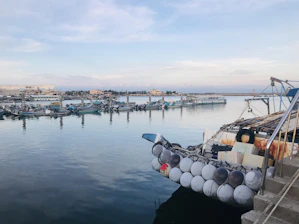 Close-up of durable rubber fenders installed on a busy harbor pier.