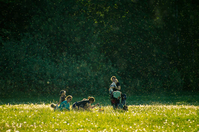A soft, sunlit gathering of diverse people smiling and sharing in a peaceful outdoor circle surrounded by blooming flowers.