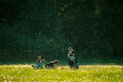 Community members sharing a peaceful moment outdoors under soft golden sunlight