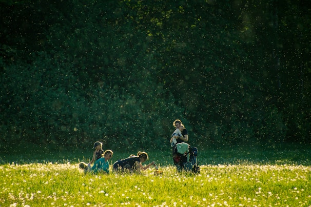Warm, sunlit circle of friends sharing a quiet moment outdoors among soft greenery.