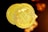 Two shiny gold-colored coins with the Bitcoin emblem are prominently featured, each displaying intricate details and text related to the cryptocurrency. The background has a soft, warm glow with blurred, circular bokeh effects, enhancing the image's focus on the coins.