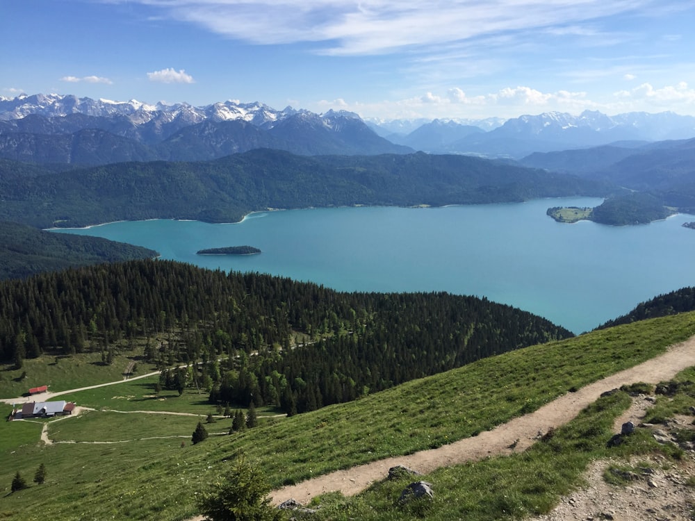 a scenic view of a lake surrounded by mountains