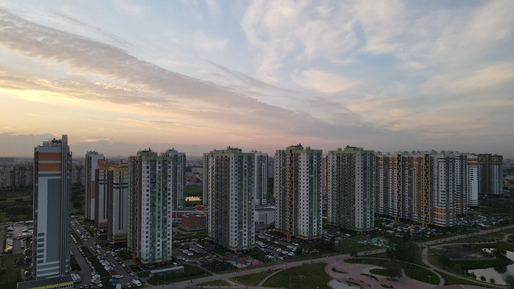 a group of tall buildings sitting next to each other